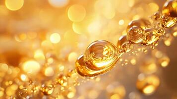 Close up of a gold colored liquid with bubbles floating on top. The bubbles are small and scattered throughout the liquid. The image has a serene and calming mood photo