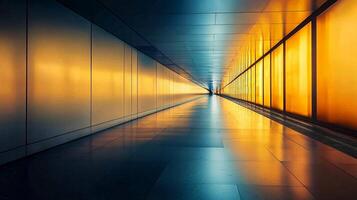 Long hallway with a yellow wall. The hallway is empty and the walls are shiny. The yellow wall gives the hallway a warm and inviting atmosphere photo