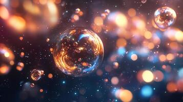 Colorful galaxy of bubbles with a blue background. The bubbles are of different sizes and colors, and they are scattered throughout the image. Scene is playful and whimsical photo