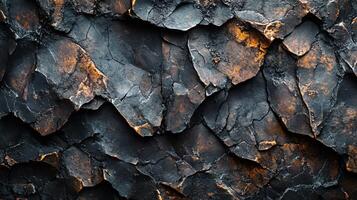 Close up of a rock wall with a lot of texture and a few orange spots. The wall is made of stone and has a rough, jagged appearance. The orange spots add a pop of color to the otherwise dark photo