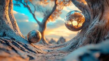 Tree with two spheres on the ground in front of it. The spheres are reflecting the tree and the sky photo