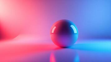 Round ball is sitting on a blue and pink background. The ball is shiny and reflective, and the colors of the background create a vibrant and energetic atmosphere photo