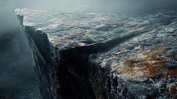 Rocky cliff with a dark blue sky in the background. The cliff is covered in snow and ice, giving it a desolate and eerie appearance photo