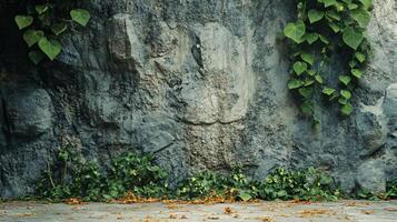 Wall with green vines growing on it. The wall is made of stone and has a rough texture. The scene has a natural and peaceful feel to it photo