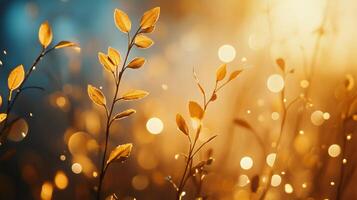 Field of yellow leaves with a blurry background. The leaves are scattered throughout the image, with some in the foreground and others in the background photo