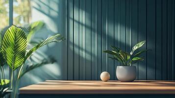 Potted plant sits on a wooden table next to a white ball. The table is in a room with a blue wall and a window. Scene is calm and peaceful, with the plant photo