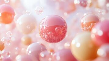 Close up of a bunch of pink and yellow spheres. The spheres are all different sizes and are floating in the air. The image has a playful and whimsical mood photo