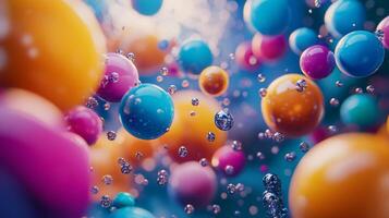 Colorful image of many different colored spheres. The spheres are of various sizes and colors, and they are scattered throughout the image. Scene is playful and whimsical, as the bright colors photo