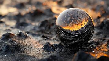 Large, black, shiny, and reflective ball is sitting on a rocky surface. The ball appears to be surrounded by a pool of water, which is reflecting the light from the sun. The scene has a serene photo