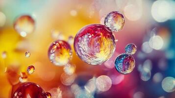 Colorful image of water droplets in the air. The droplets are of different sizes and colors, creating a vibrant and dynamic scene. Concept of movement and energy photo