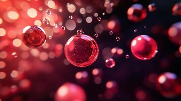 Close up of red spheres in a blurry background. The spheres are all different sizes and are floating in the air. The image has a dreamy, ethereal quality to it photo