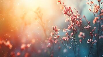 Beautiful field of flowers with a bright blue sky in the background. The flowers are in full bloom and the sky is clear and sunny. The scene is peaceful and serene, with the flowers photo
