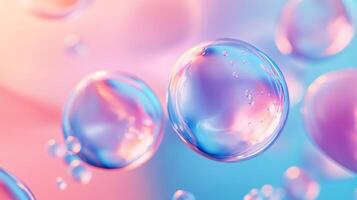 Series of colorful, clear spheres floating in the air. The spheres are arranged in a way that creates a sense of movement and energy, with some of them overlapping and others standing alone photo