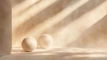 Two white eggs are placed on a sandy surface, with the sun shining on them. The scene has a peaceful and calming mood, as the eggs are not in motion and the sun is casting a warm glow on them photo