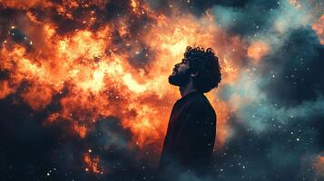 Man is standing in front of a fiery explosion, looking up at the sky. Concept of awe and wonder at the power of nature photo