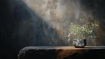 Potted plant sits on a table in front of a wall. The plant is small and green, and it is placed in a black pot. The table is made of wood and is located in a room with a lot of natural light photo