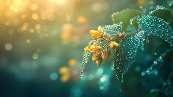 Leafy green plant with yellow flowers is covered in raindrops. The image has a serene and peaceful mood, as the raindrops on the leaves create a calming effect photo
