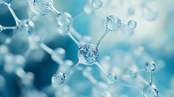 Close up of a blue molecule with a lot of water droplets surrounding it. The water droplets are scattered all over the molecule, giving it a sense of movement and fluidity photo