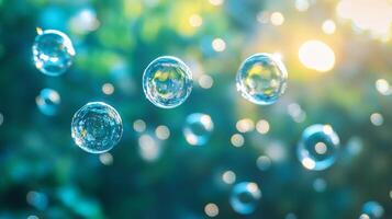 Group of bubbles floating in the air. The bubbles are clear and shiny, and they are scattered throughout the image. Scene is light and playful photo