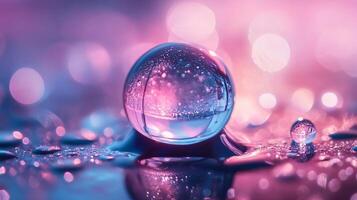 Clear, round, pink ball of water sits on a surface. The water droplets are reflective and the surface is blurry. Concept of calm and serenity photo