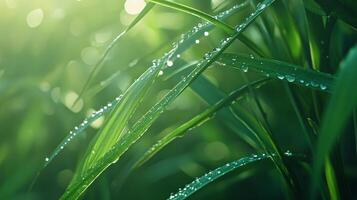 Lush green field with dew on the grass. The dew gives the grass a fresh and vibrant appearance, making it look even more beautiful and inviting. Concept of tranquility and serenity photo