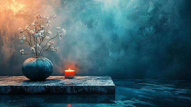 Vase with a candle in it sits on a ledge next to a body of water. The candle is lit, creating a warm and inviting atmosphere. Concept of relaxation and tranquility photo