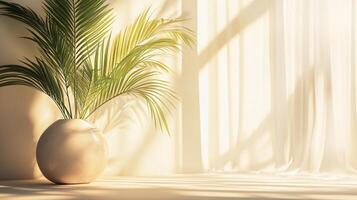 Vase with a palm tree in it sits in a room with white walls and white curtains. The room is bright and airy, with sunlight streaming in through the window photo