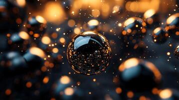 Close up of a black and orange sphere surrounded by a lot of other spheres. The sphere is the main focus of the image and it is the most prominent object photo