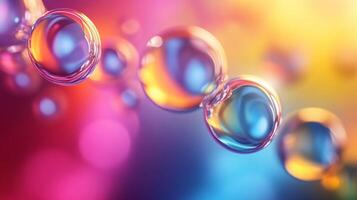Series of colorful bubbles floating in the air. The bubbles are of different sizes and colors, creating a sense of movement and energy. The image evokes a feeling of playfulness and joy photo