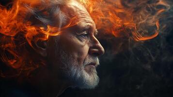 Man with a beard and white hair is looking at the camera. The image is a close up of his face, with smoke and fire in the background. The man's expression is serious and contemplative photo