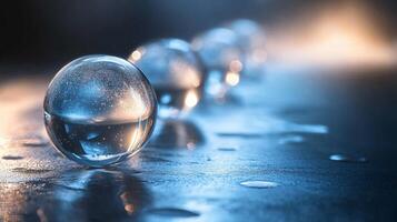 Series of clear spheres are arranged on a dark surface. The spheres are all the same size and are positioned in a row. The image has a calm and serene mood, with the clear spheres reflecting light photo