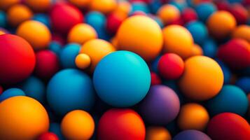 Bunch of colorful balls in a close up. The balls are of different colors and sizes. The image has a vibrant and lively mood, with the colors of the balls creating a sense of energy and excitement photo