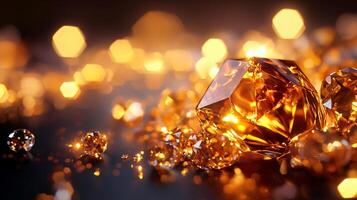 Close up of a pile of gold colored gems. The gems are scattered across the surface, with some of them being larger than others. Scene is one of luxury and opulence, as the gems are clearly valuable photo