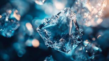 Close up of a blue crystal with a diamond shape. The crystal is surrounded by other smaller crystals, creating a sense of depth and texture. The image evokes a feeling of wonder photo