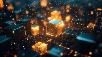 Computer generated image of a cityscape with glowing cubes. The cubes are lit up in a variety of colors, creating a sense of movement and energy. Scene is futuristic and technological photo