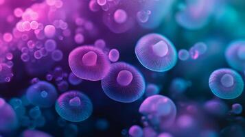 Colorful image of many small spheres, some of which are purple. The image has a dreamy, surreal quality to it, with the colors and shapes blending together in a way that is both beautiful photo