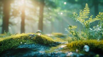 Forest scene with a small pond and a bunch of green plants. The pond is surrounded by moss and the plants are growing on the ground photo