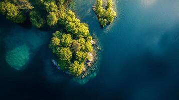 Beautiful blue lake with trees surrounding it. The trees are green and the water is clear. The image has a peaceful and serene mood photo