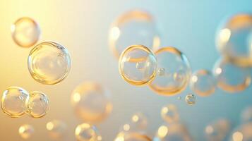 Series of bubbles in a clear liquid. The bubbles are all different sizes and are floating in the air. Concept of lightness and playfulness, as if the bubbles are dancing in the air photo
