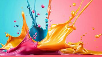 Splash of paint with a rainbow of colors. The colors are bright and vibrant, creating a sense of energy and excitement. The splatter of paint is in motion, giving the impression of movement photo