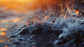 Splash of water with a splash of orange and blue. The splash is in the middle of the water, and the colors are vibrant. Scene is energetic and lively, as if the water is dancing and playing photo