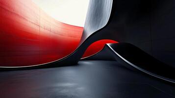 Large, empty room with a red and black design. The room is empty and has a modern, industrial feel photo