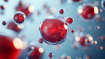 Close up of red spheres with a blue background. The spheres are all different sizes and are scattered throughout the image. Scene is one of chaos and disorder photo