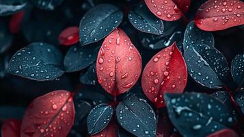 Close up of a leaf with water droplets on it. The leaf is red and blue photo