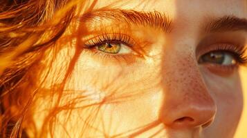 Woman with long hair and green eyes is looking at the camera. The sun is shining on her face, making her skin look tanned and glowing photo