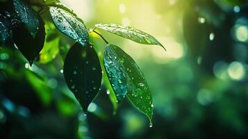 Leaf is wet with raindrops on it. The leaf is green and the raindrops are small photo