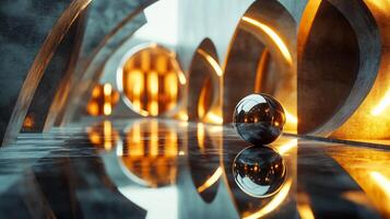 Shiny ball is reflected in a mirror on a dark floor. The ball is surrounded by a series of arches and pillars, creating a sense of depth and space. Scene is one of elegance and sophistication photo