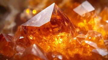 Close up of a pile of orange crystals. The crystals are all different shapes and sizes, but they all have a similar color. Concept of warmth and natural beauty photo