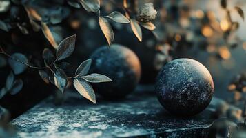 Black and white image of three spheres, one of which is a small blue ball. The spheres are placed on a surface, with the blue ball being the largest. The image has a serene and peaceful mood photo