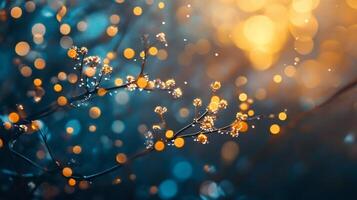 Blurry image of a tree with orange leaves and blue sky. The image has a dreamy, ethereal quality to it, with the orange leaves and blue sky creating a sense of calm and tranquility photo